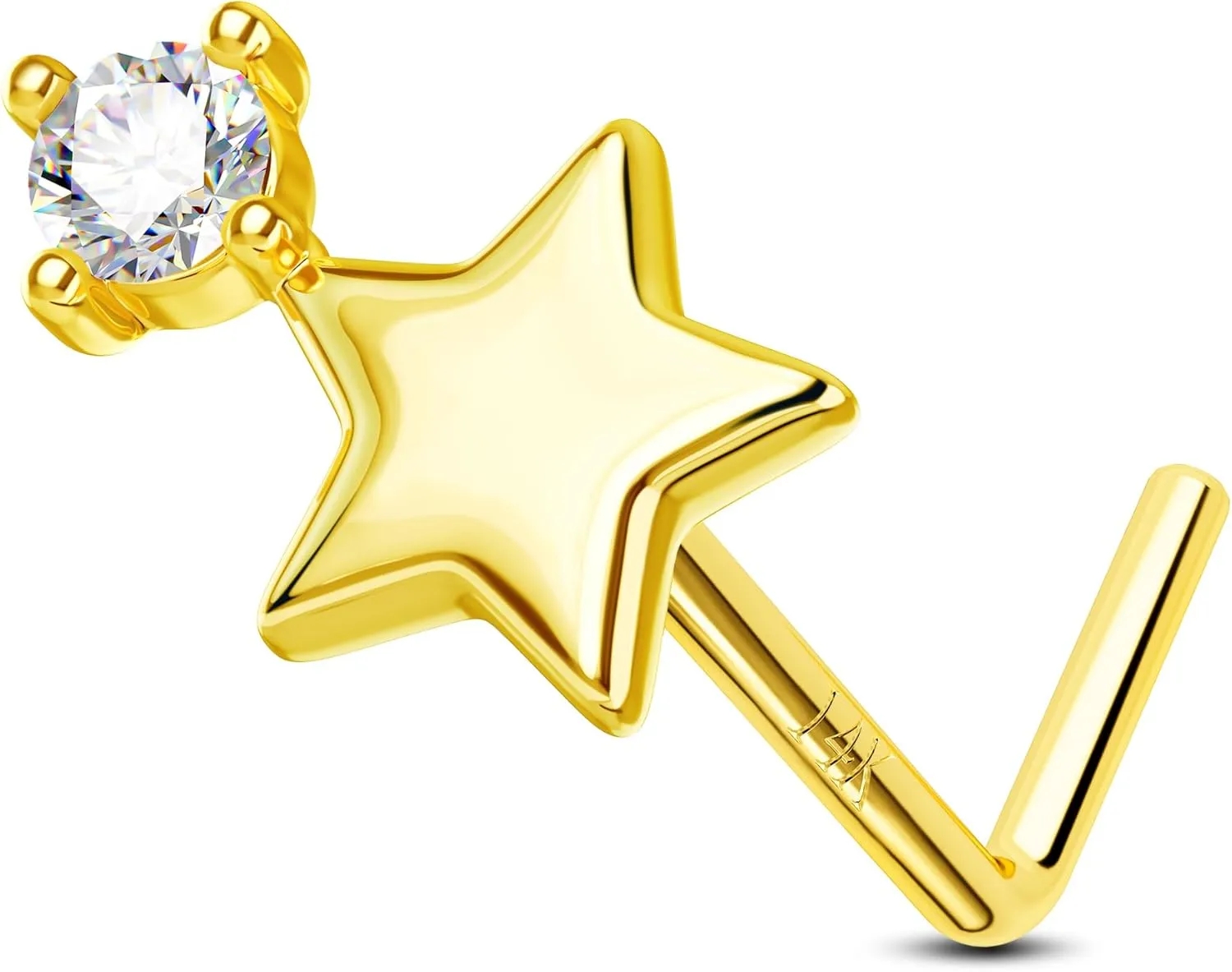 Jewseen 14K Solid Gold Nose Rings 20g Nose Stud Star Nose Piercings Jewelry L Shaped Nose Rings for Women Men