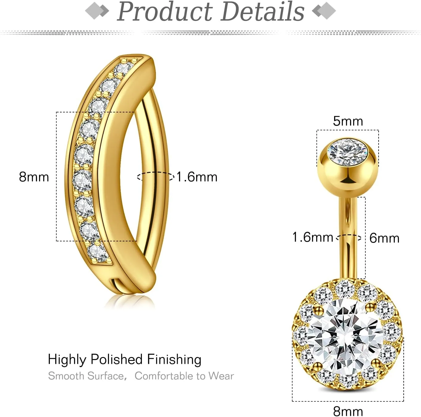 JFORYOU 1/4 Inch Short Belly Button Rings 14G 6mm Stainless Steel Short Belly Navel Button Rings for Women Men