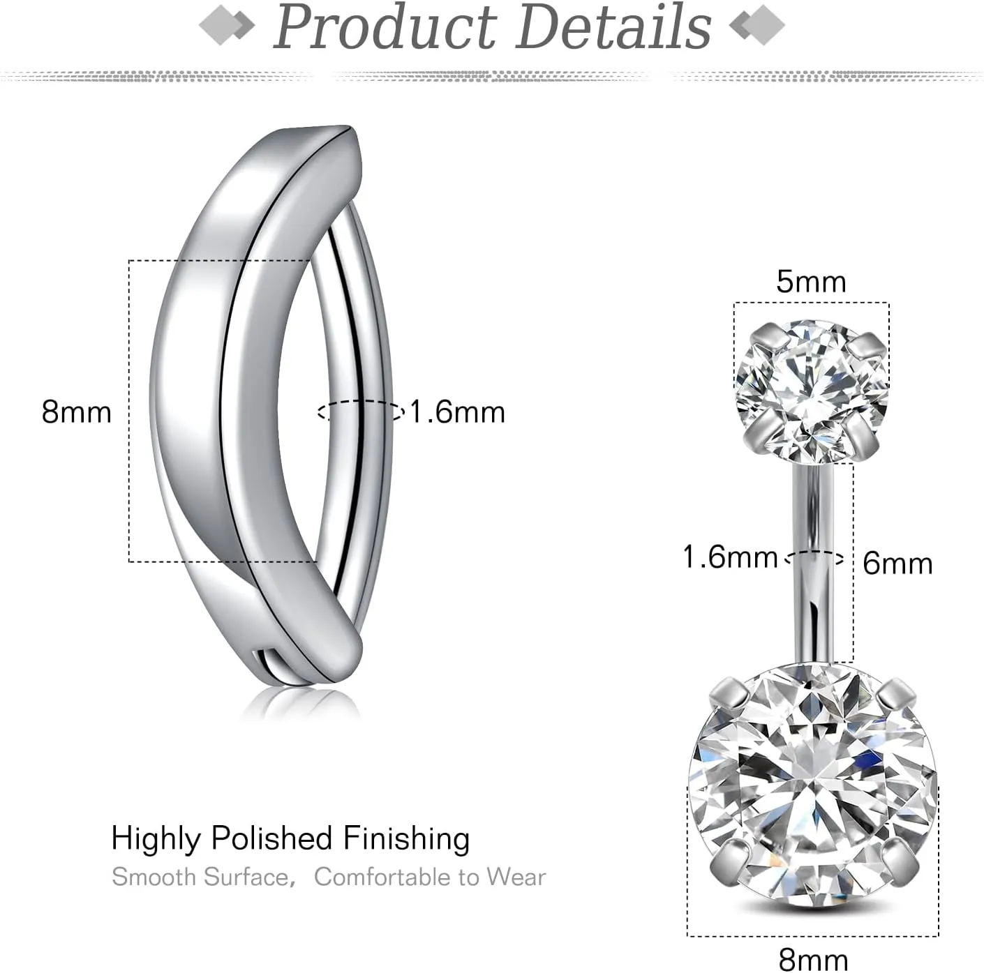JFORYOU 1/4 Inch Short Belly Button Rings 14G 6mm Stainless Steel Short Belly Navel Button Rings for Women Men