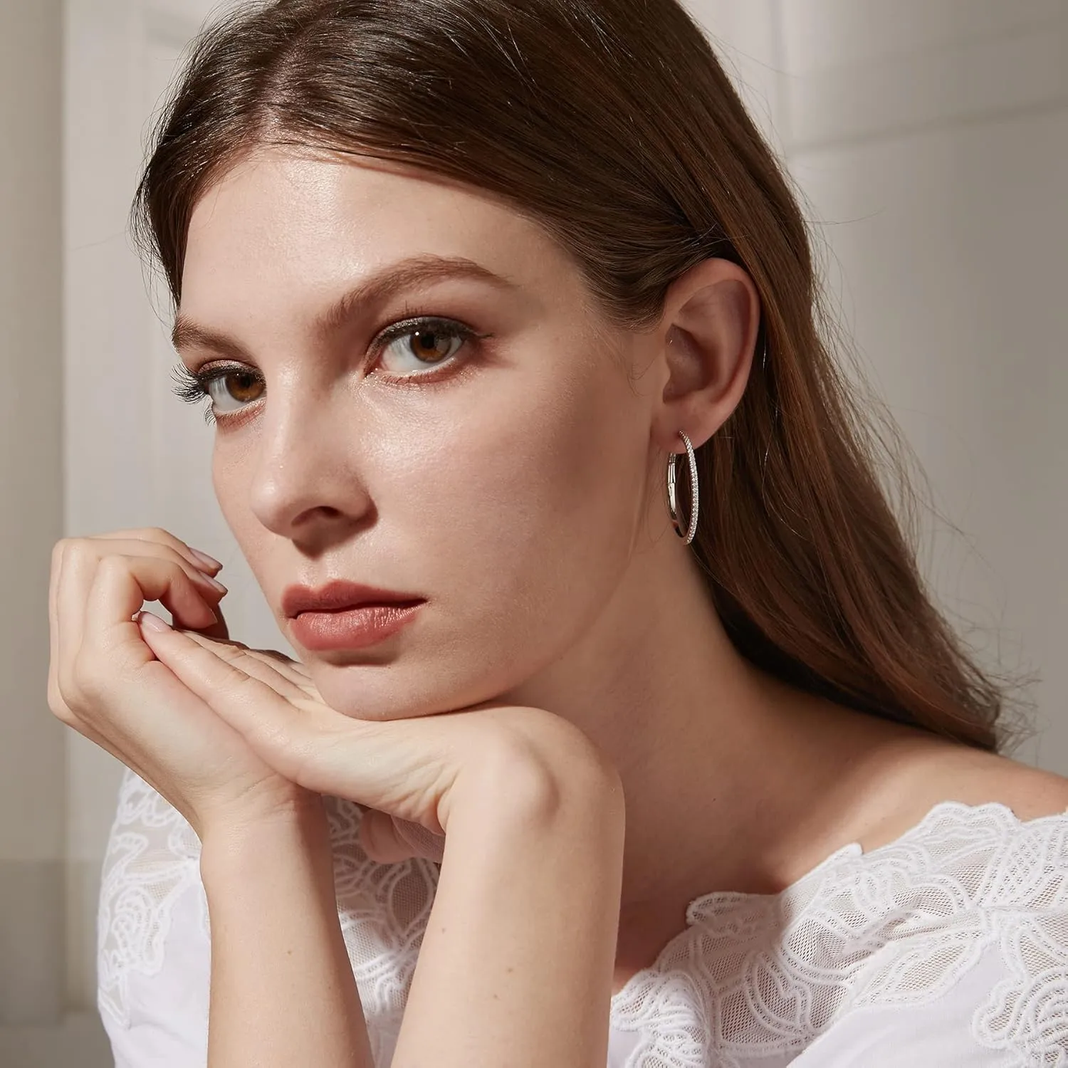 Jiamiaoi 18K White Gold Plated 925 Sterling Silver Hoop Earrings for Women 20mm/25mm/40mm Hoop Earrings with Pearl Removable, Fashion & Classic Womens Jewelry for Wife/Mom