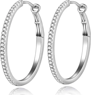 Jiamiaoi 18K White Gold Plated 925 Sterling Silver Hoop Earrings for Women 20mm/25mm/40mm Hoop Earrings with Pearl Removable, Fashion & Classic Womens Jewelry for Wife/Mom