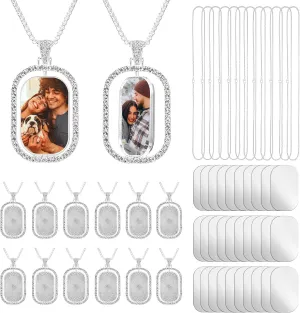 JOUTYFOR 12 Pcs Sublimation Rhinestone Trays Pendant Set, Including 12 Double Sided Blank Rhinestone Bezel Trays, 12 Pcs Thick Chains with 24 Double-Sided Tape