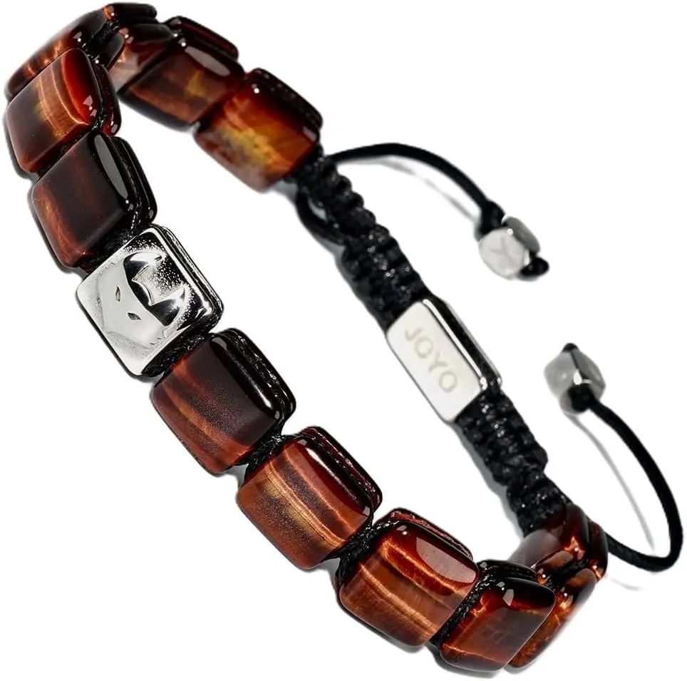 JoYo Handmade Tiger Eye Bracelet For Men | Premium Smoky Brown Gemstone Jewelry With Square Bead Design | Adjustable Braided Cord For A Comfortable Fit | Luxury Gift For Mens Fashion And Style.