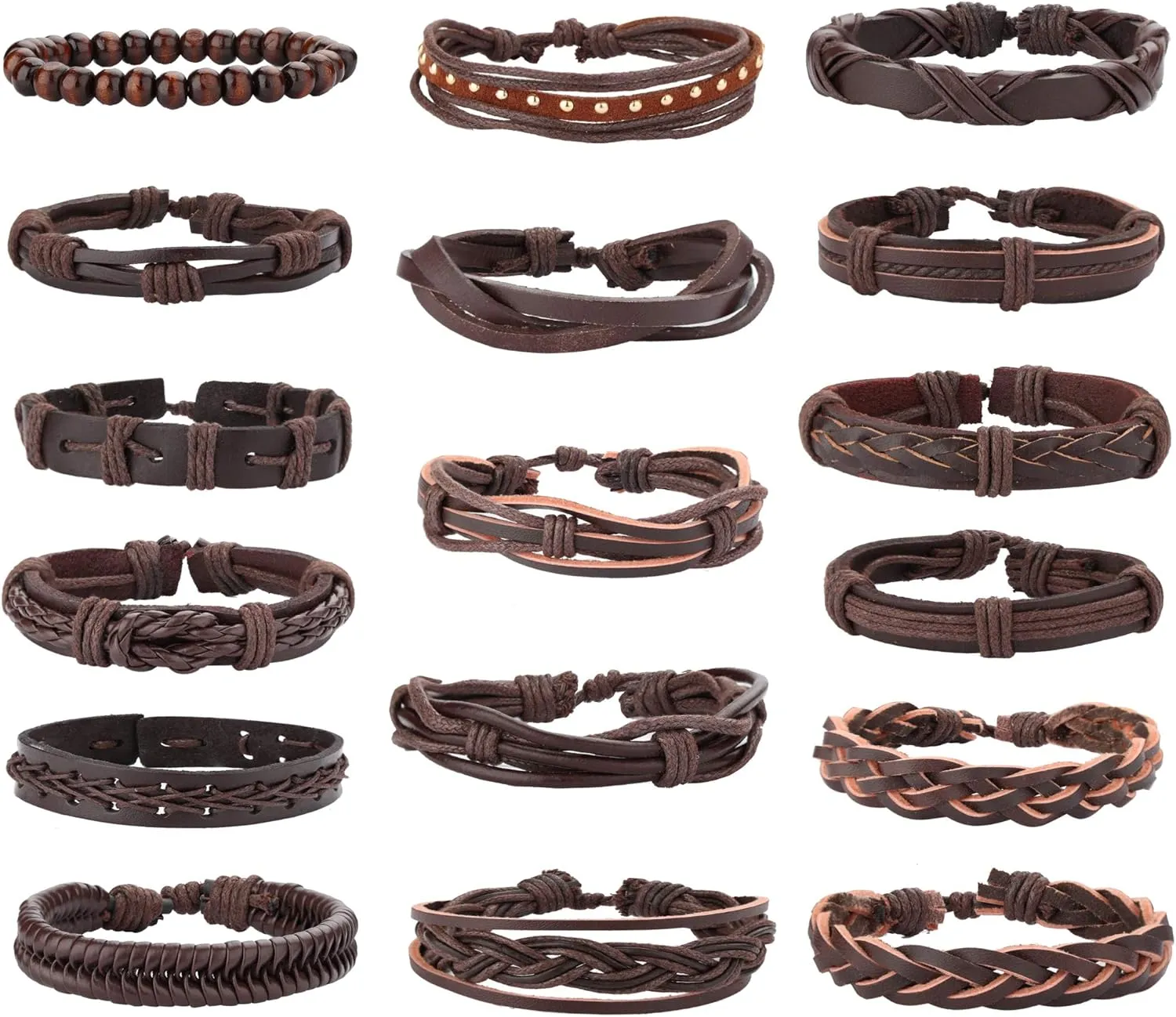 Jstyle 17Pcs Braided Leather Bracelet for Men Women Wooden Beaded Cuff Wrap Bracelet Adjustable
