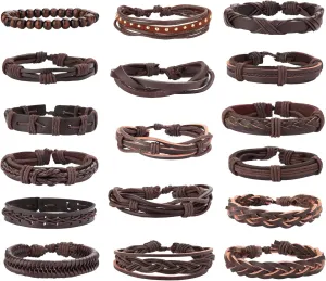 Jstyle 17Pcs Braided Leather Bracelet for Men Women Wooden Beaded Cuff Wrap Bracelet Adjustable