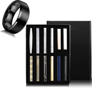 Jstyle Men's Ring and Tie Clips Set Black Size 13.5 Band Rings & Men Clip Set for Regular Ties Necktie Wedding Business