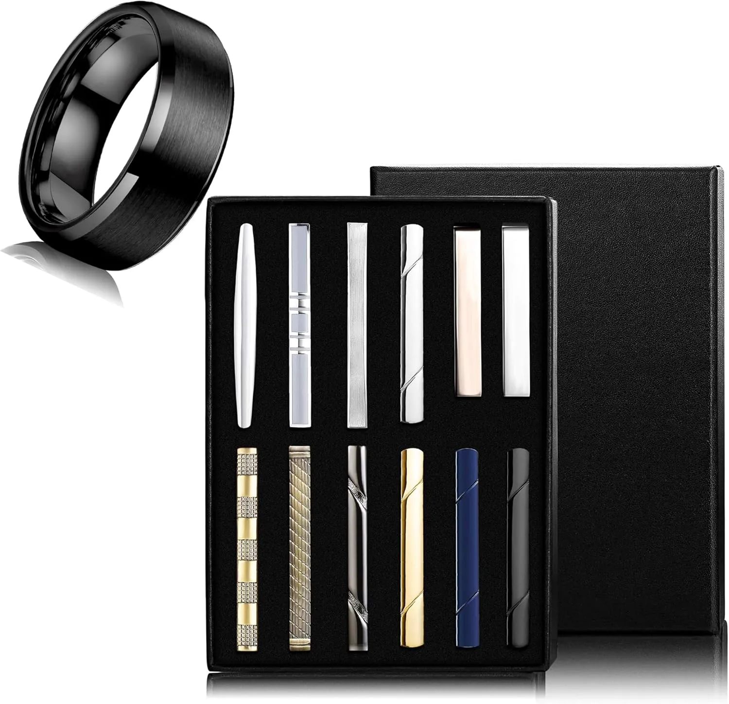 Jstyle Men's Ring and Tie Clips Set Black Size 13.5 Band Rings & Men Clip Set for Regular Ties Necktie Wedding Business