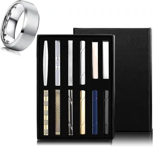 Jstyle Men's Ring and Tie Clips Set Silver Size 9.5 Band Rings & Men Clip Set for Regular Ties Necktie Wedding Business