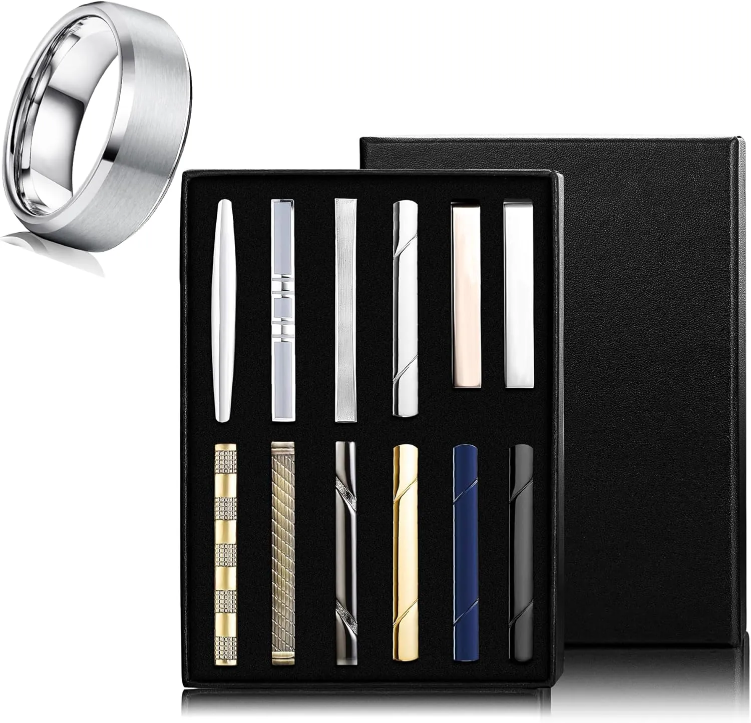 Jstyle Men's Ring and Tie Clips Set Silver Size 9.5 Band Rings & Men Clip Set for Regular Ties Necktie Wedding Business