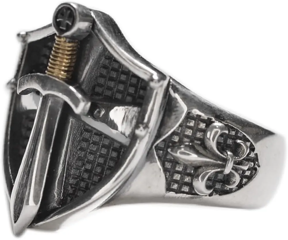 JWM Men's Rings Silver Plated Brass Rings Jewelry for Men Women Adjustable Open Rings, Exquisite Packaging (160-Shield and Sword ring)