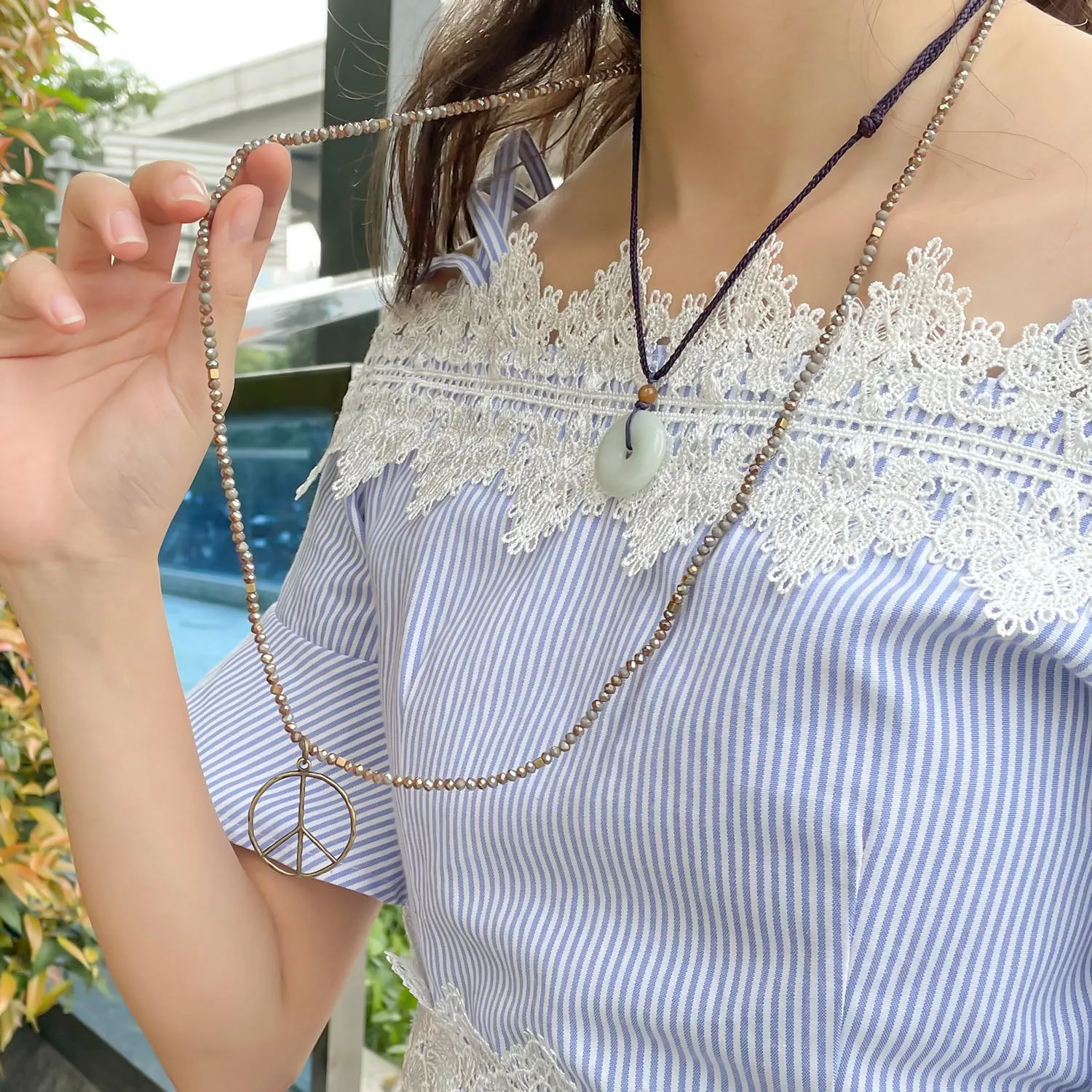 KELITCH Peace Sign Necklace For Women Beaded Hand Knotted Pendant Hippie Necklace Handmade Long Chains Necklaces