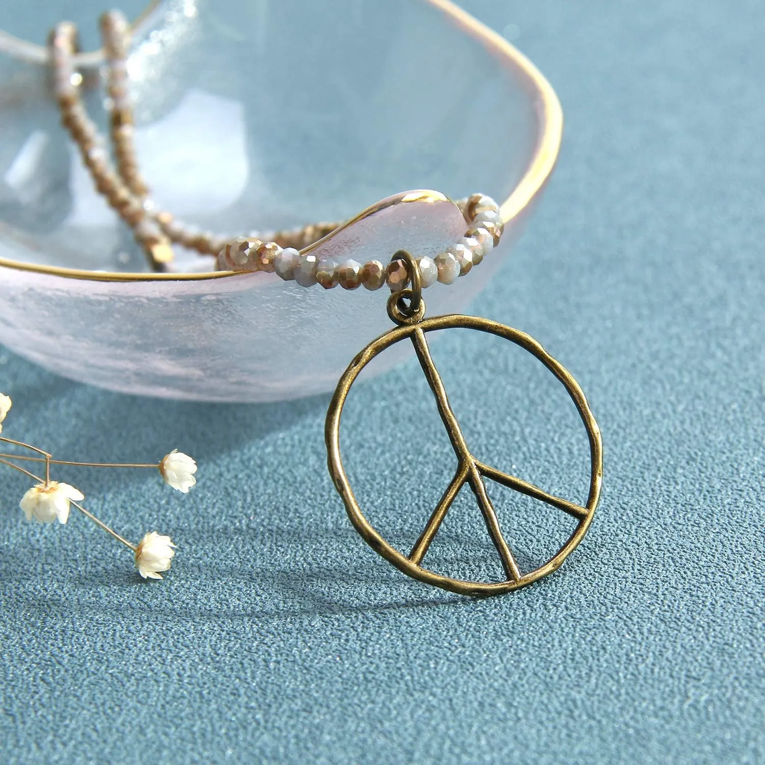 KELITCH Peace Sign Necklace For Women Beaded Hand Knotted Pendant Hippie Necklace Handmade Long Chains Necklaces