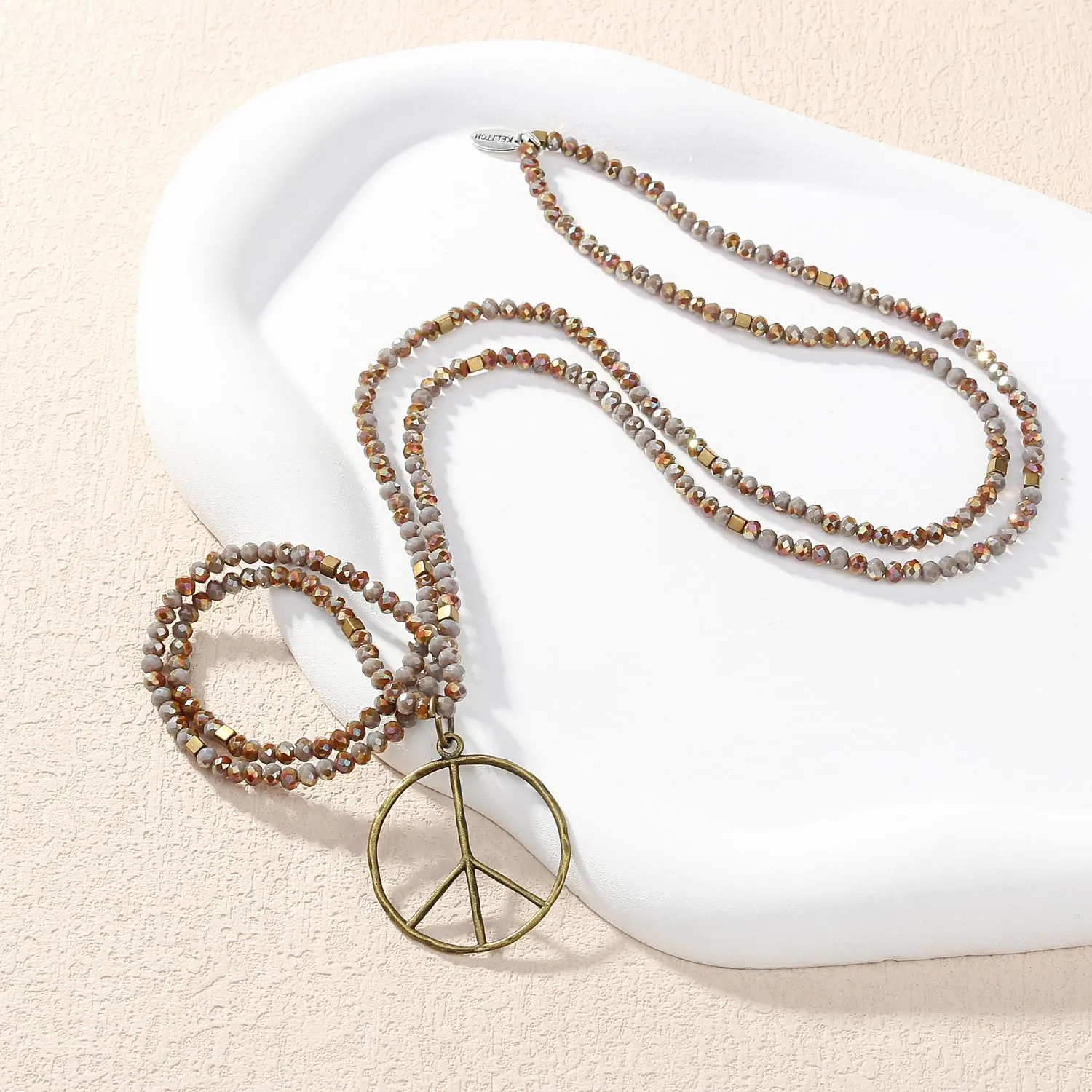KELITCH Peace Sign Necklace For Women Beaded Hand Knotted Pendant Hippie Necklace Handmade Long Chains Necklaces