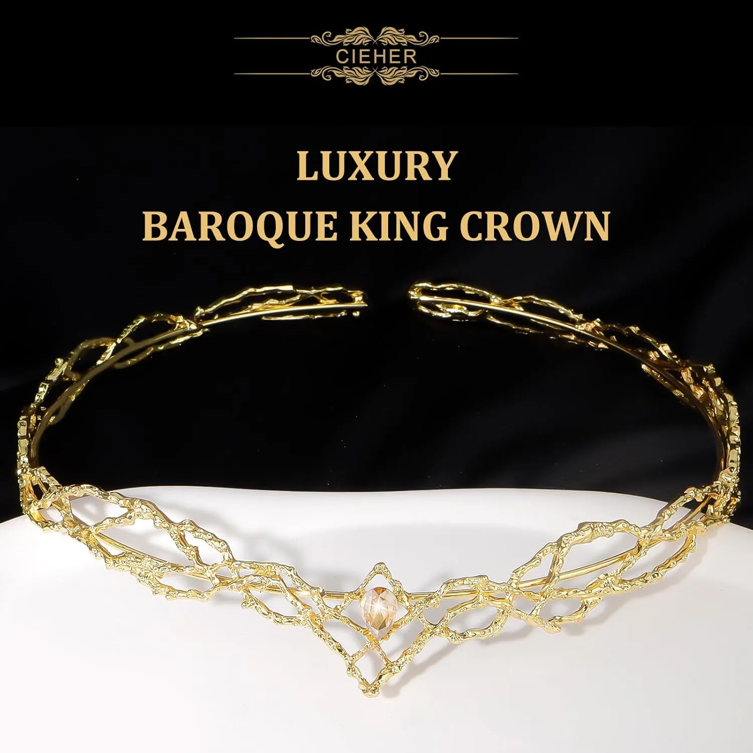 King Crown, CIEHER Vintage Hobbit Elf King Gold Crown Shape Champagne Crystal, Gold Tiara Costume Headbands for Women Men, Crowns for Men Birthday Party Prom Wedding