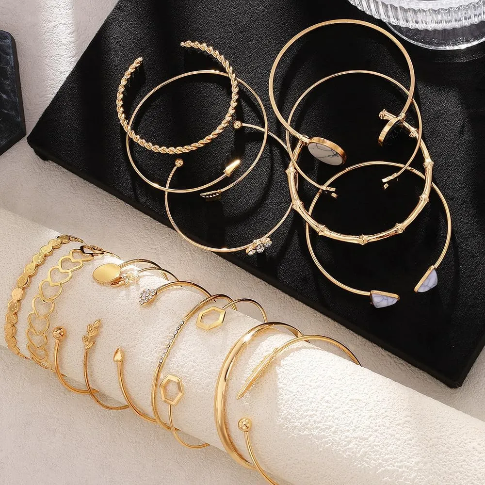 KISS WIFE Gold Bangles for Women, Open Adjustable Bangle Bracelets, Multi Layer Stackable Cuff Bracelet Set, Fashion Accessories Costume Jewelry Gift for Women