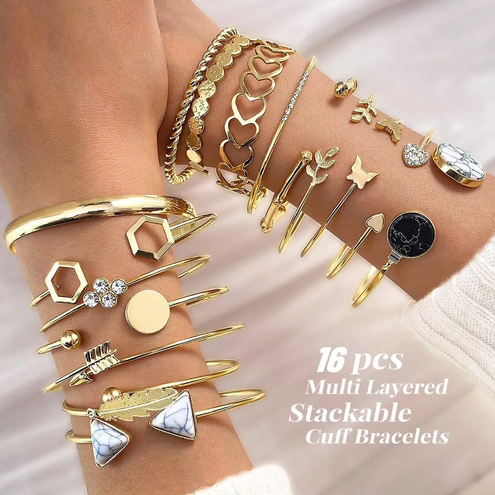 KISS WIFE Gold Bangles for Women, Open Adjustable Bangle Bracelets, Multi Layer Stackable Cuff Bracelet Set, Fashion Accessories Costume Jewelry Gift for Women