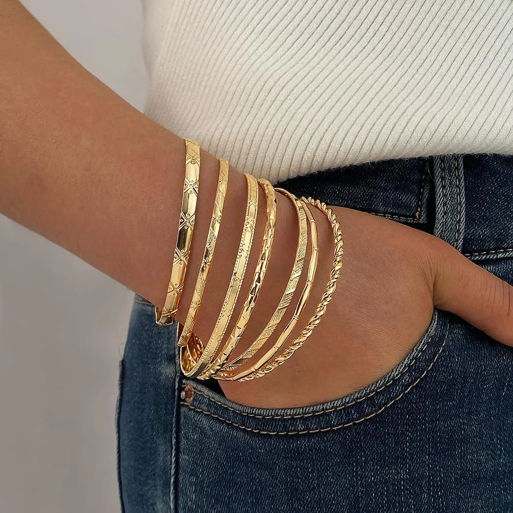 KISS WIFE Gold Bangles for Women, Open Adjustable Bangle Bracelets, Multi Layer Stackable Cuff Bracelet Set, Fashion Accessories Costume Jewelry Gift for Women