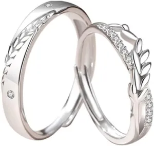 Kokoma Cubic Zirconia Wheat Matching Couple Rings Set for Him and Her Dainty Crystal Promise Engagement Rings Open Wedding Bands Statement Finger Band Jewelry Gifts with Box