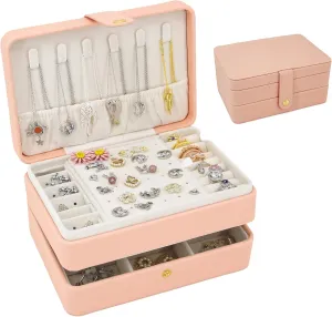 KOOAAICCHI Small Jewelry Box, Travel Jewelry Organizer, Portable Jewelry boxes for Women Girls Gift, Double Layers PU Leather Jewelry Holder for Rings, Earrings, Necklaces-Pink