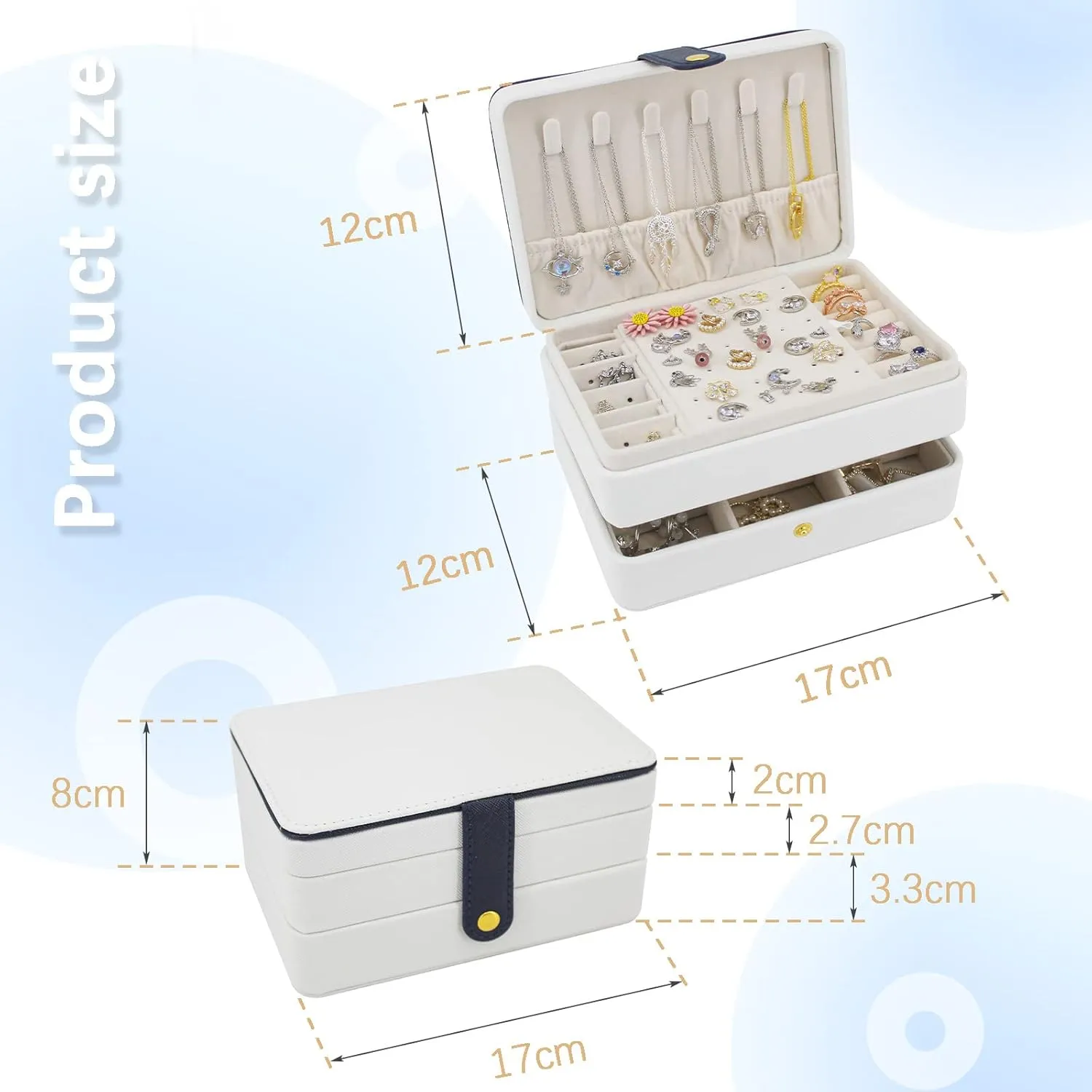 KOOAAICCHI Small Jewelry Box, Travel Jewelry Organizer, Portable Jewelry boxes for Women Girls Gift, Double Layers PU Leather Jewelry Holder for Rings, Earrings, Necklaces-White