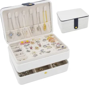 KOOAAICCHI Small Jewelry Box, Travel Jewelry Organizer, Portable Jewelry boxes for Women Girls Gift, Double Layers PU Leather Jewelry Holder for Rings, Earrings, Necklaces-White