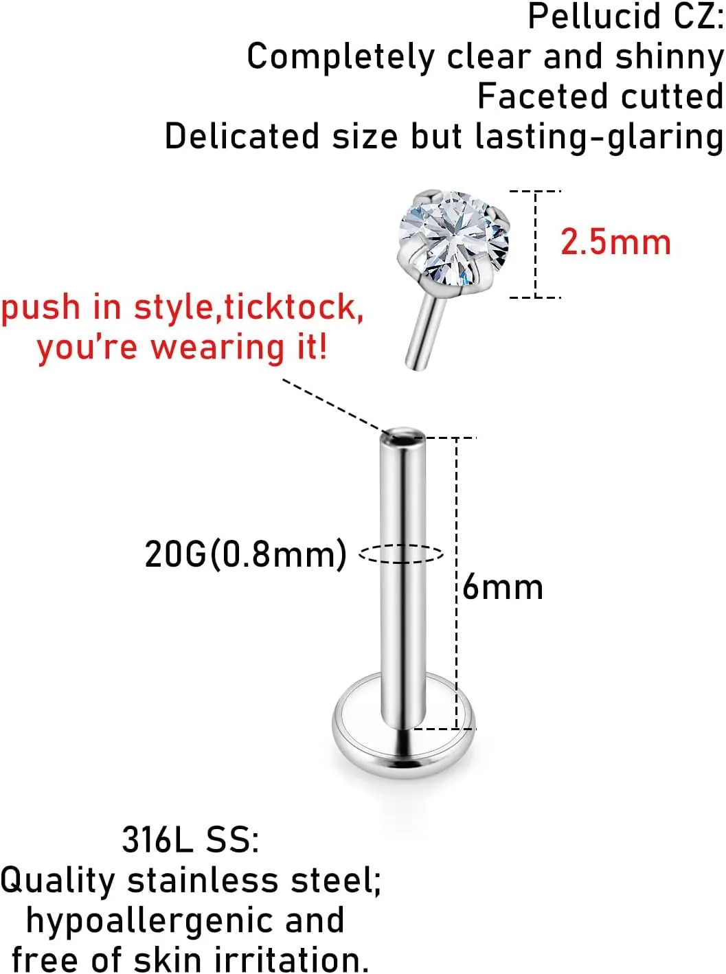 Kridzisw 18G 20G Threadless Push in Nose Rings Studs 6mm 7mm Bar Surgical Steel Flat Back Opal Cartilage Tragus Helix Earrings Stud Lip Larbret Ring Piercing Jewelry for Women Men Opal 2MM 2.5MM 3MM