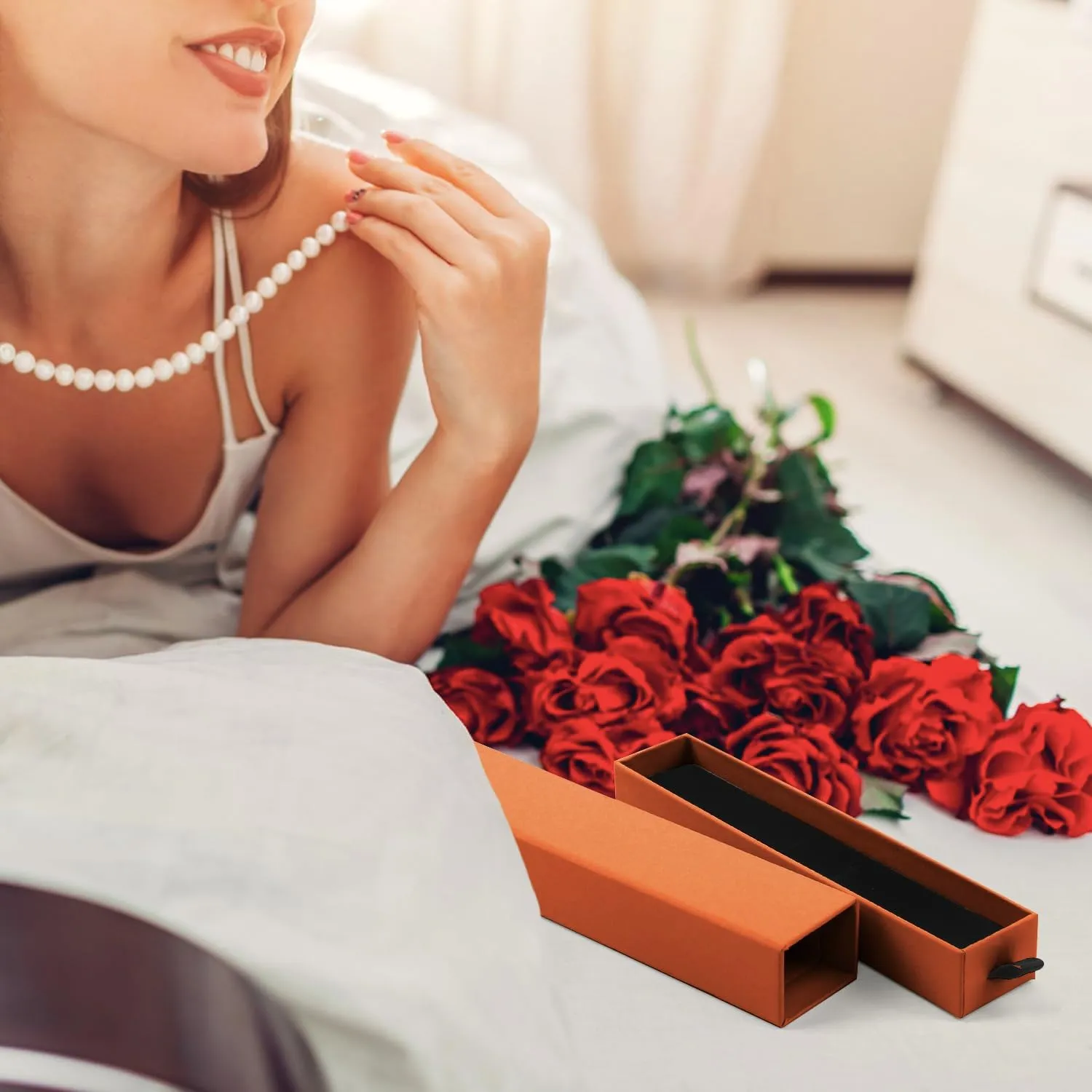 Lainrrew Jewelry Gift Box, Luxury 12-Pack Jewelry Gift Box Velvet-Lined, Compact Drawer Style for Earrings & Rings, Stylish Necklace Bracelet Organizer, 8.3x1.8x1.4 Inches (Orange)