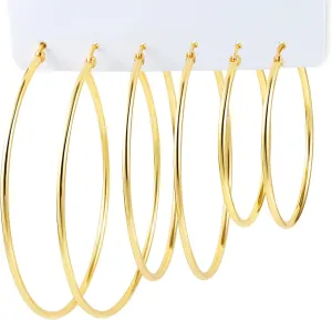 Large Gold Hoop Earrings Set 3 Pairs Sterling Silver Post Hypoallergenic Lightweight Large thin Hoop Earrings Multiple Pack (50/60/70 mm)
