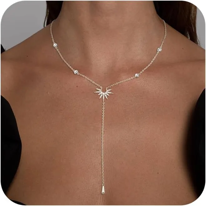 Lariat Gold Necklace for Women, Trendy Gold/Silver Y Necklace Dainty Drop Dangle Long Necklace 14K Gold Plated CZ Star Y-Shaped Layered Pendant Necklace Simple Jewelry for Women