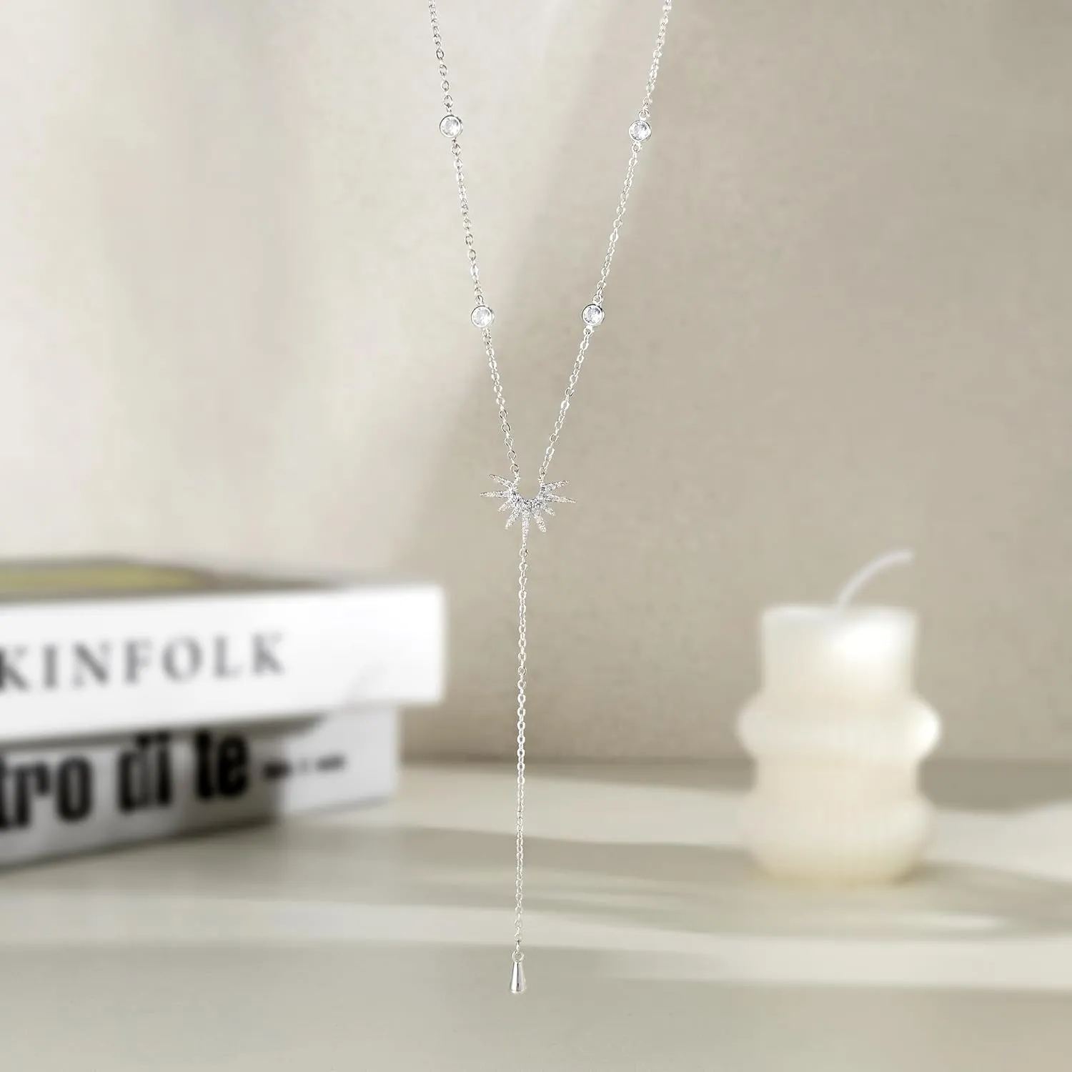 Lariat Gold Necklace for Women, Trendy Gold/Silver Y Necklace Dainty Drop Dangle Long Necklace 14K Gold Plated CZ Star Y-Shaped Layered Pendant Necklace Simple Jewelry for Women