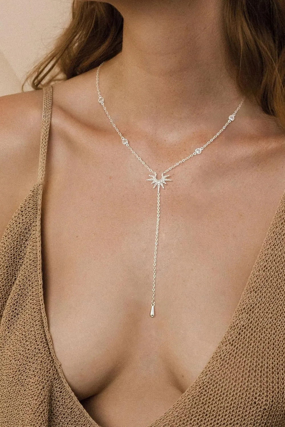 Lariat Gold Necklace for Women, Trendy Gold/Silver Y Necklace Dainty Drop Dangle Long Necklace 14K Gold Plated CZ Star Y-Shaped Layered Pendant Necklace Simple Jewelry for Women