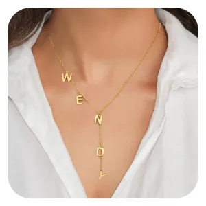 Lariat Name Necklace for Women, Personalized 18K Gold Long Y-Shaped Necklace Pendant with Letter Initial Family Choker Nameplate Necklace Mother's Day Jewelry Gift for Mom, Wife (Initial Necklace)