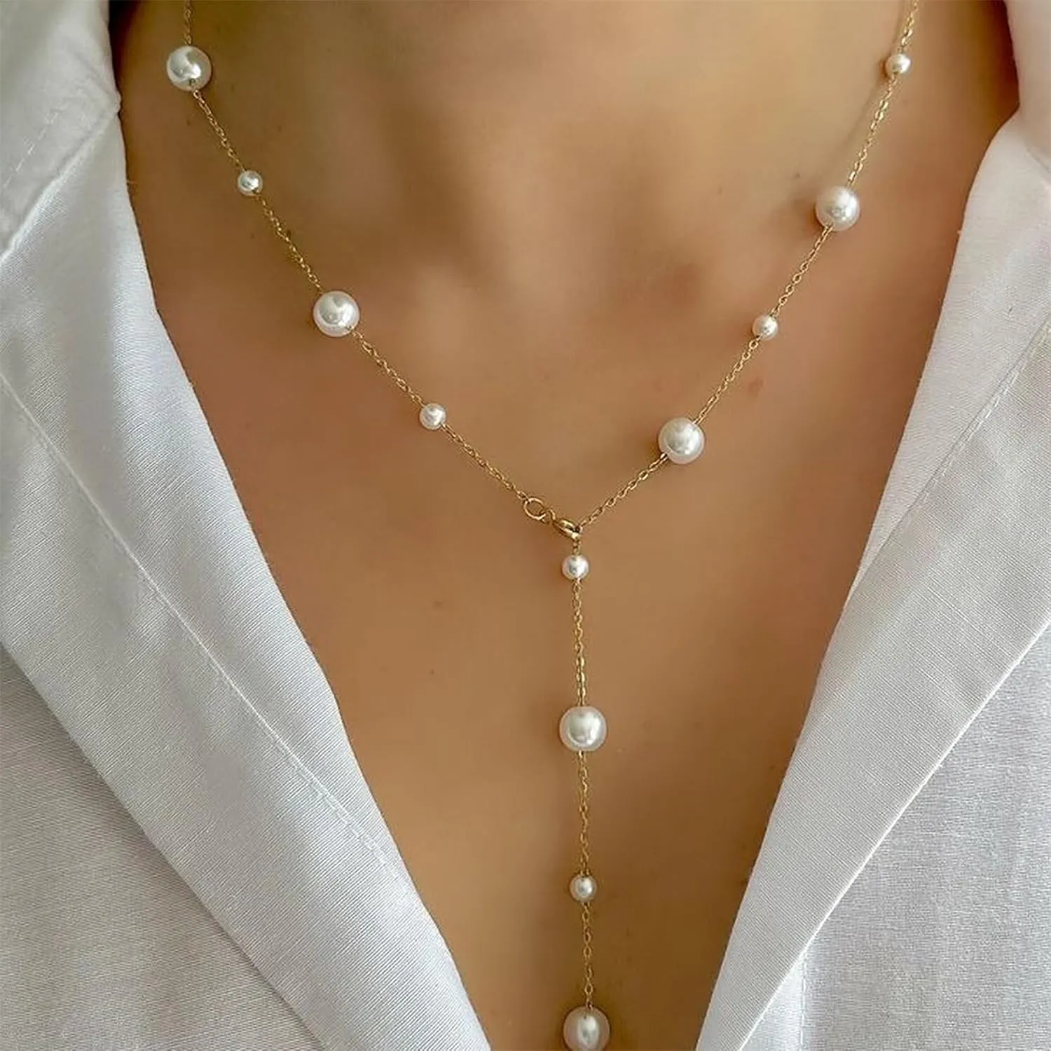 Lariat Necklace for Women - Dainty Long Necklace 14k Gold Plated Simple Gold Charm Jewelry For Women Gift