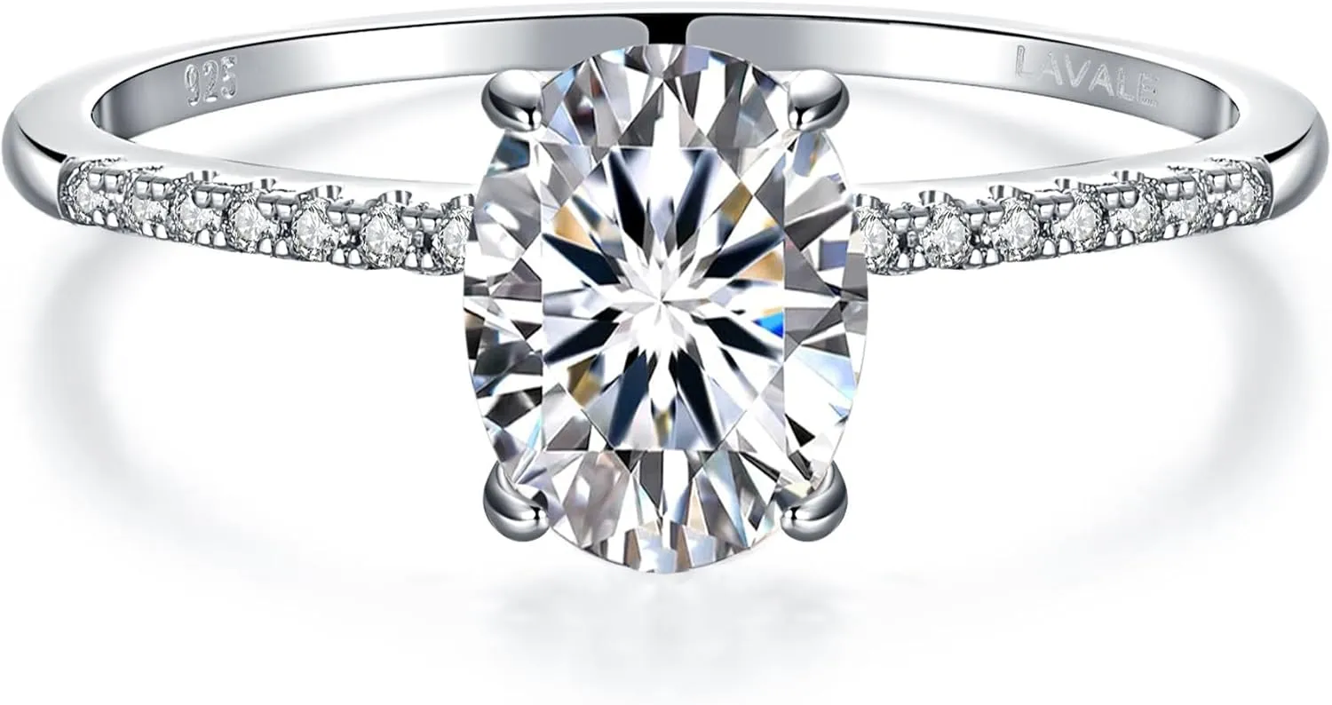 LAVALE Moissanite Rings for Women, 1/1.5/2 CT Oval Cut Moissanite Solitaire Engagement Rings Platinum Gold Plated Sterling Silver Half Eternity Promise Wedding Bands for Her