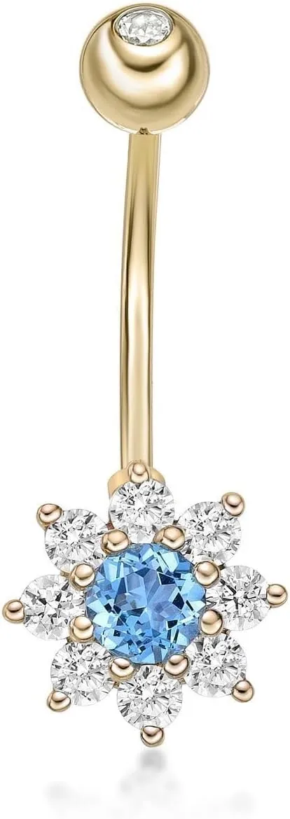 Lavari Jewelers 16 Gauge Belly Button Stud for Women or Men - 10k Yellow Gold 13 mm White and Blue Cubic Zirconia Belly Ring - Unisex Barbell Sud Hypoallergenic Piercing Jewelry - 16G Body Piercing