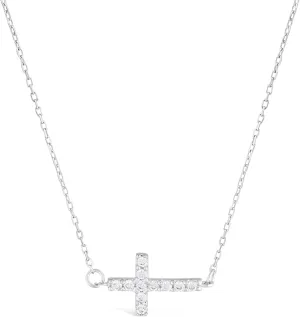 Lavari Jewelers 925 Sterling Silver Cubic Zirconia Sideways Cross Pendant Necklace for Women Spring Ring 18 Inches