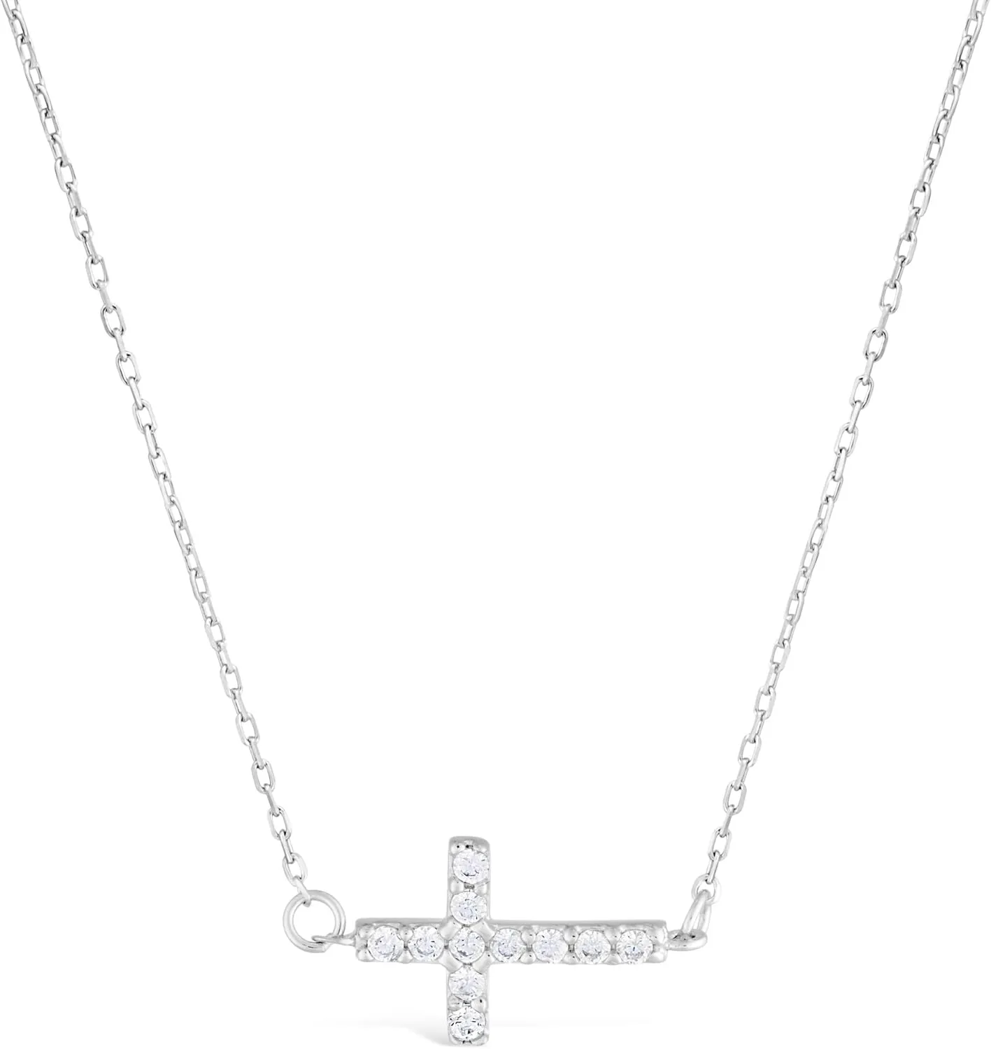Lavari Jewelers 925 Sterling Silver Cubic Zirconia Sideways Cross Pendant Necklace for Women Spring Ring 18 Inches