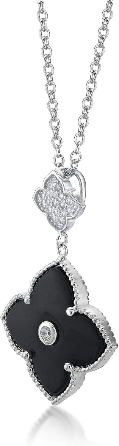 Lavari Jewelers Black Onyx or Mother of Pearl and Cubic Zirconia Double Flower Pendant Necklace in 925 Sterling Silver with Gold Plating 16 to 18 Inches Adjustable Chain Spring Ring