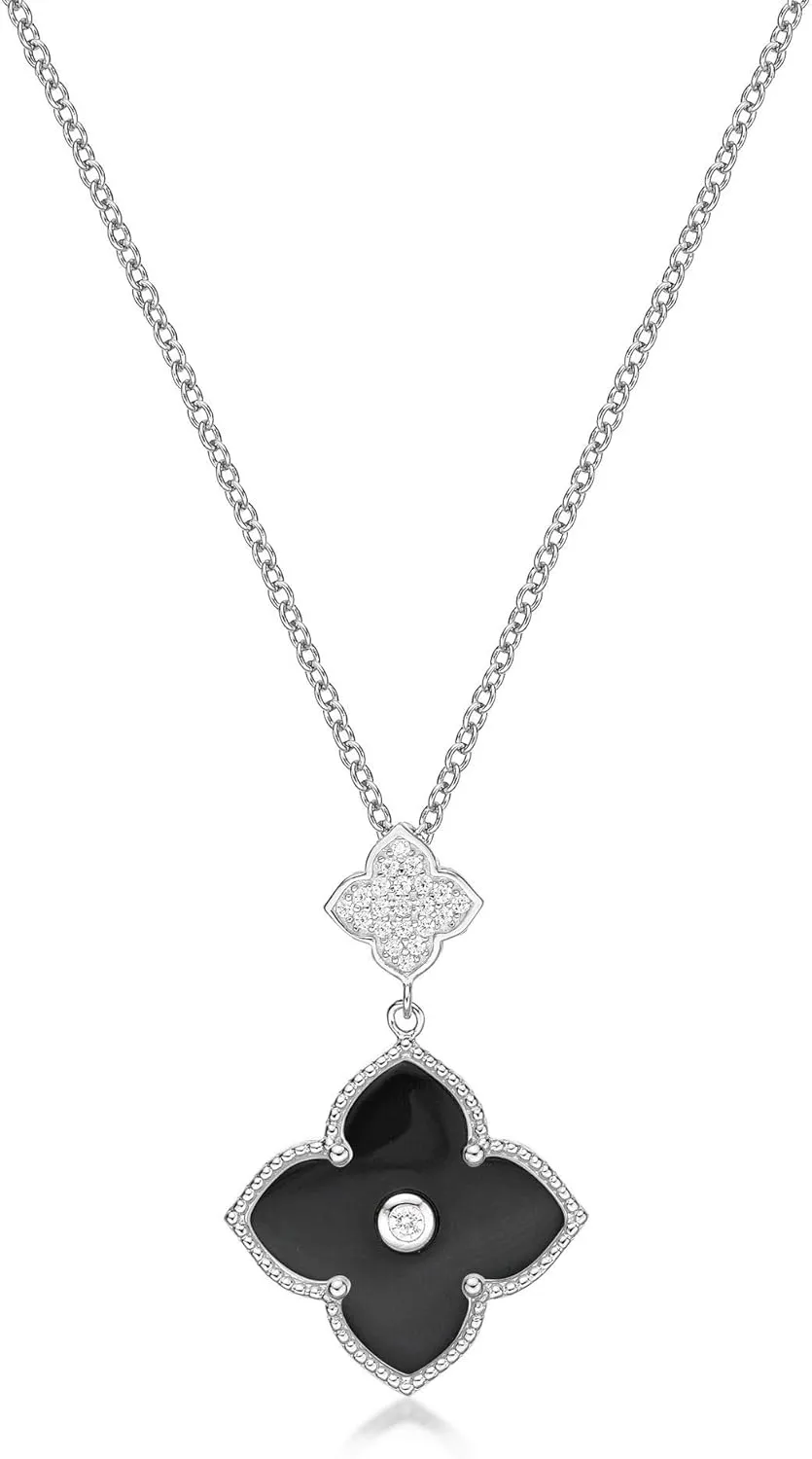 Lavari Jewelers Black Onyx or Mother of Pearl and Cubic Zirconia Double Flower Pendant Necklace in 925 Sterling Silver with Gold Plating 16 to 18 Inches Adjustable Chain Spring Ring