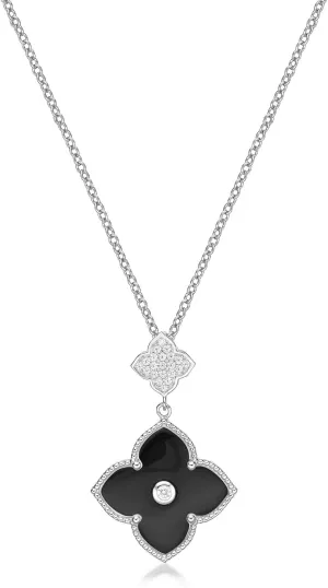 Lavari Jewelers Black Onyx or Mother of Pearl and Cubic Zirconia Double Flower Pendant Necklace in 925 Sterling Silver with Gold Plating 16 to 18 Inches Adjustable Chain Spring Ring