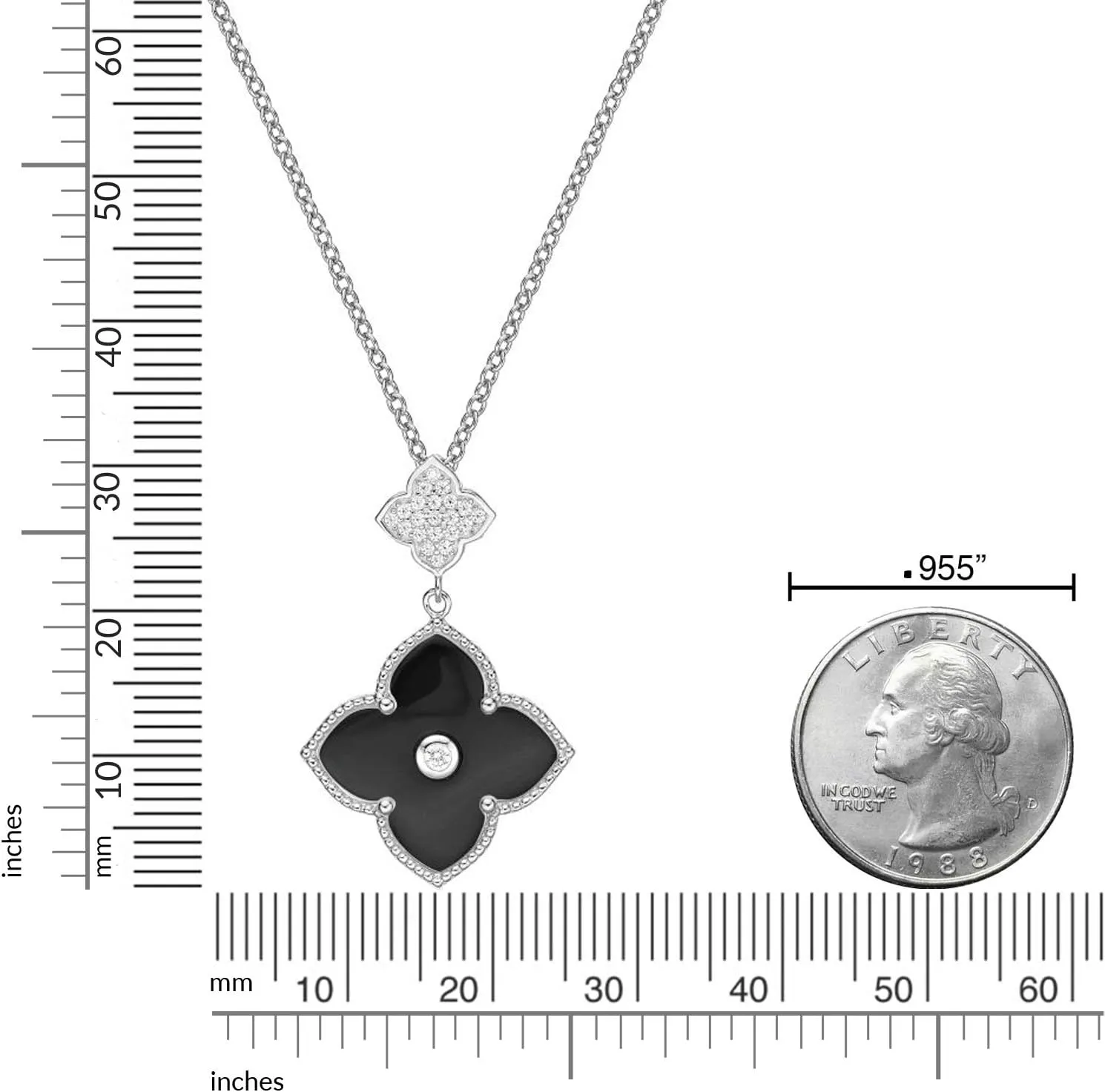 Lavari Jewelers Black Onyx or Mother of Pearl and Cubic Zirconia Double Flower Pendant Necklace in 925 Sterling Silver with Gold Plating 16 to 18 Inches Adjustable Chain Spring Ring