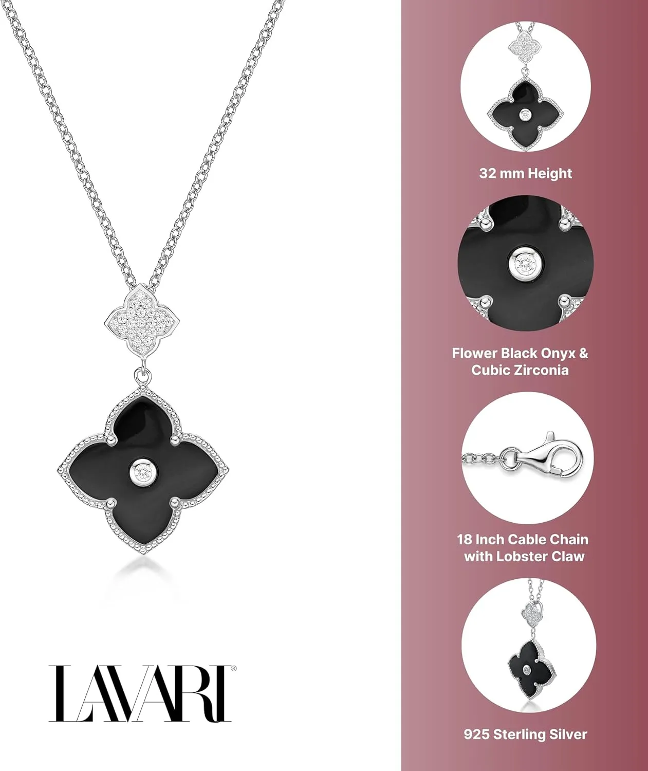 Lavari Jewelers Black Onyx or Mother of Pearl and Cubic Zirconia Double Flower Pendant Necklace in 925 Sterling Silver with Gold Plating 16 to 18 Inches Adjustable Chain Spring Ring