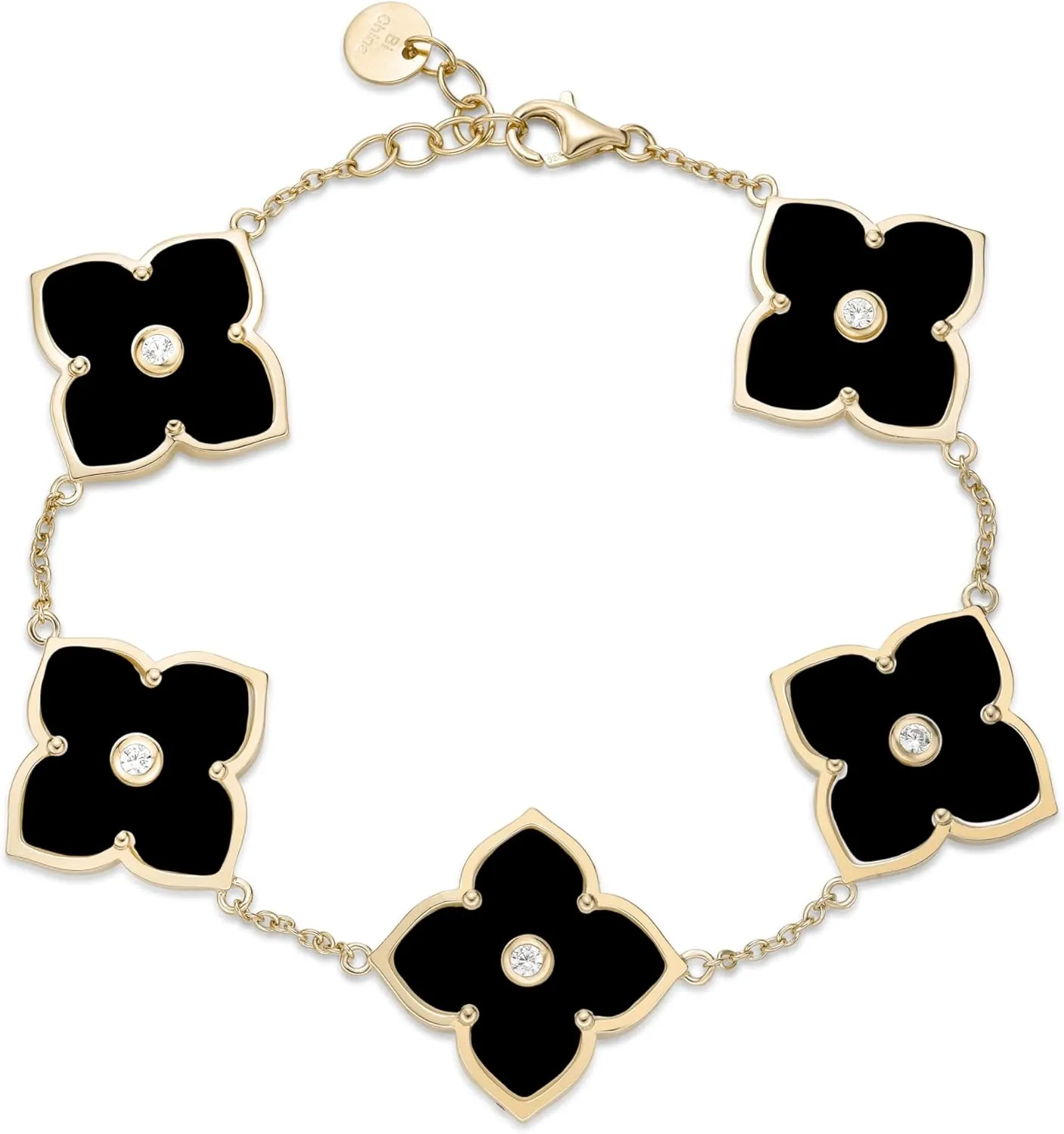 Lavari Jewelers Flower Bracelet for Women - Black Onyx or Mother of Pearl & Cubic Zirconia in 925 Sterling Silver - Hypoallergenic Gold Plated - Adjustable Clover Bracelet for Her - Lobster Claw Clasp