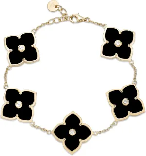 Lavari Jewelers Flower Bracelet for Women - Black Onyx or Mother of Pearl & Cubic Zirconia in 925 Sterling Silver - Hypoallergenic Gold Plated - Adjustable Clover Bracelet for Her - Lobster Claw Clasp
