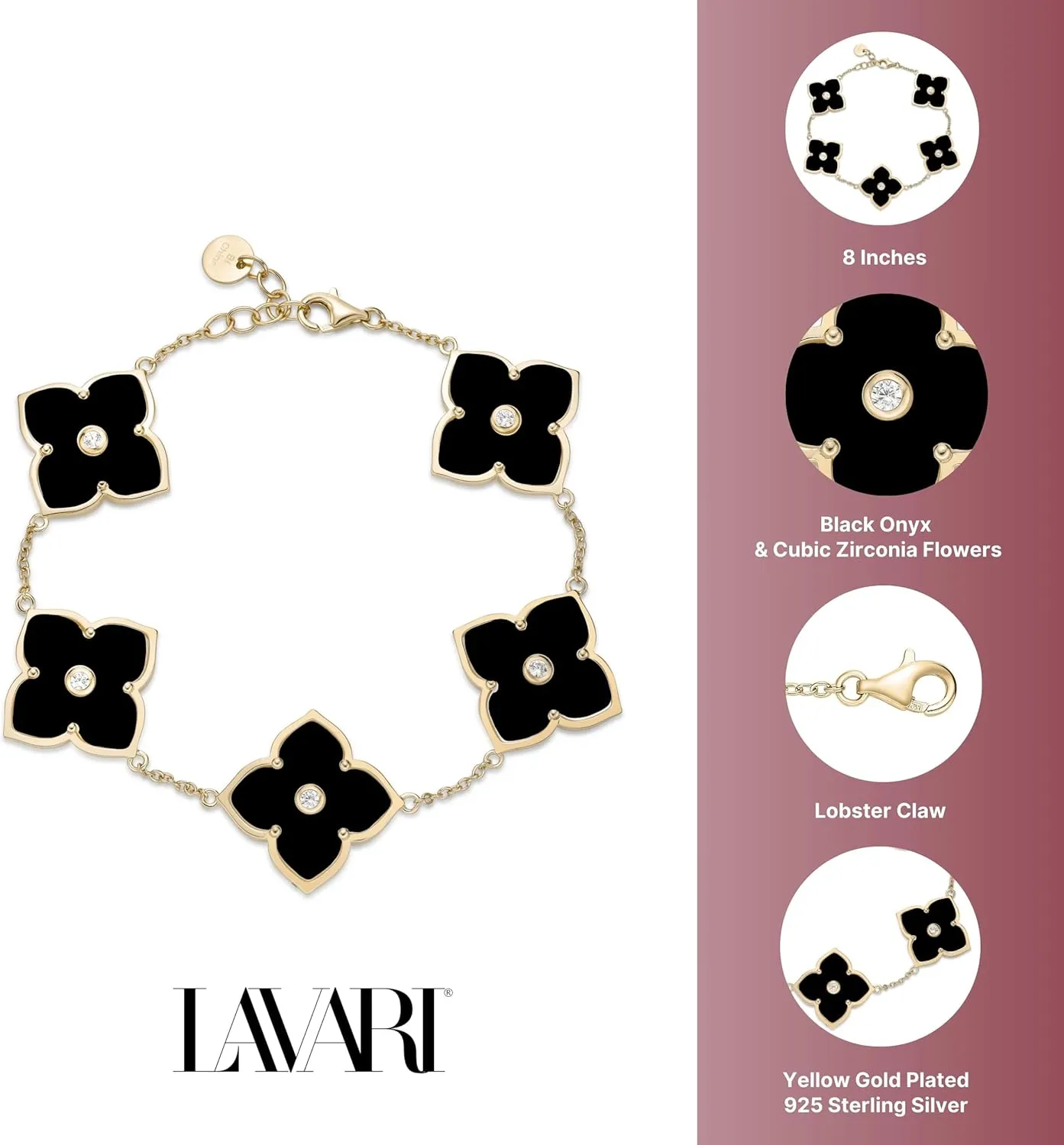 Lavari Jewelers Flower Bracelet for Women - Black Onyx or Mother of Pearl & Cubic Zirconia in 925 Sterling Silver - Hypoallergenic Gold Plated - Adjustable Clover Bracelet for Her - Lobster Claw Clasp