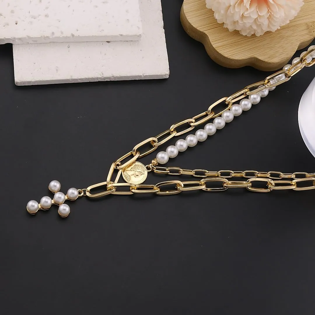 Layered Pearl Necklace for Women Trendy Simple Necklace Gold Chain Choker Necklace Pearl Cross Necklace Tiny Gold Jewelry for Women