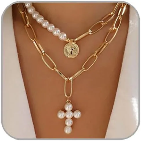 Layered Pearl Necklace for Women Trendy Simple Necklace Gold Chain Choker Necklace Pearl Cross Necklace Tiny Gold Jewelry for Women