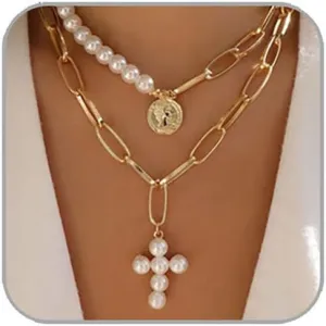 Layered Pearl Necklace for Women Trendy Simple Necklace Gold Chain Choker Necklace Pearl Cross Necklace Tiny Gold Jewelry for Women