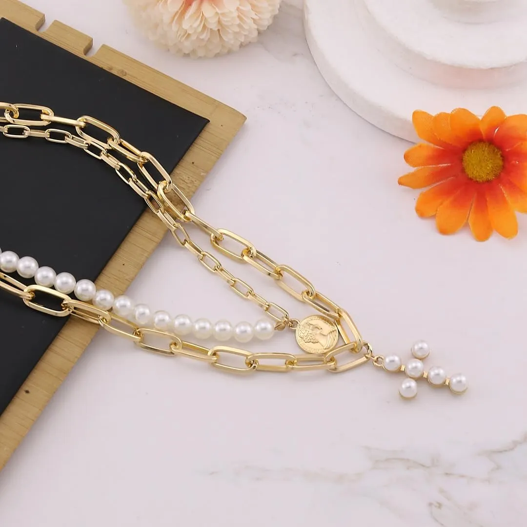 Layered Pearl Necklace for Women Trendy Simple Necklace Gold Chain Choker Necklace Pearl Cross Necklace Tiny Gold Jewelry for Women