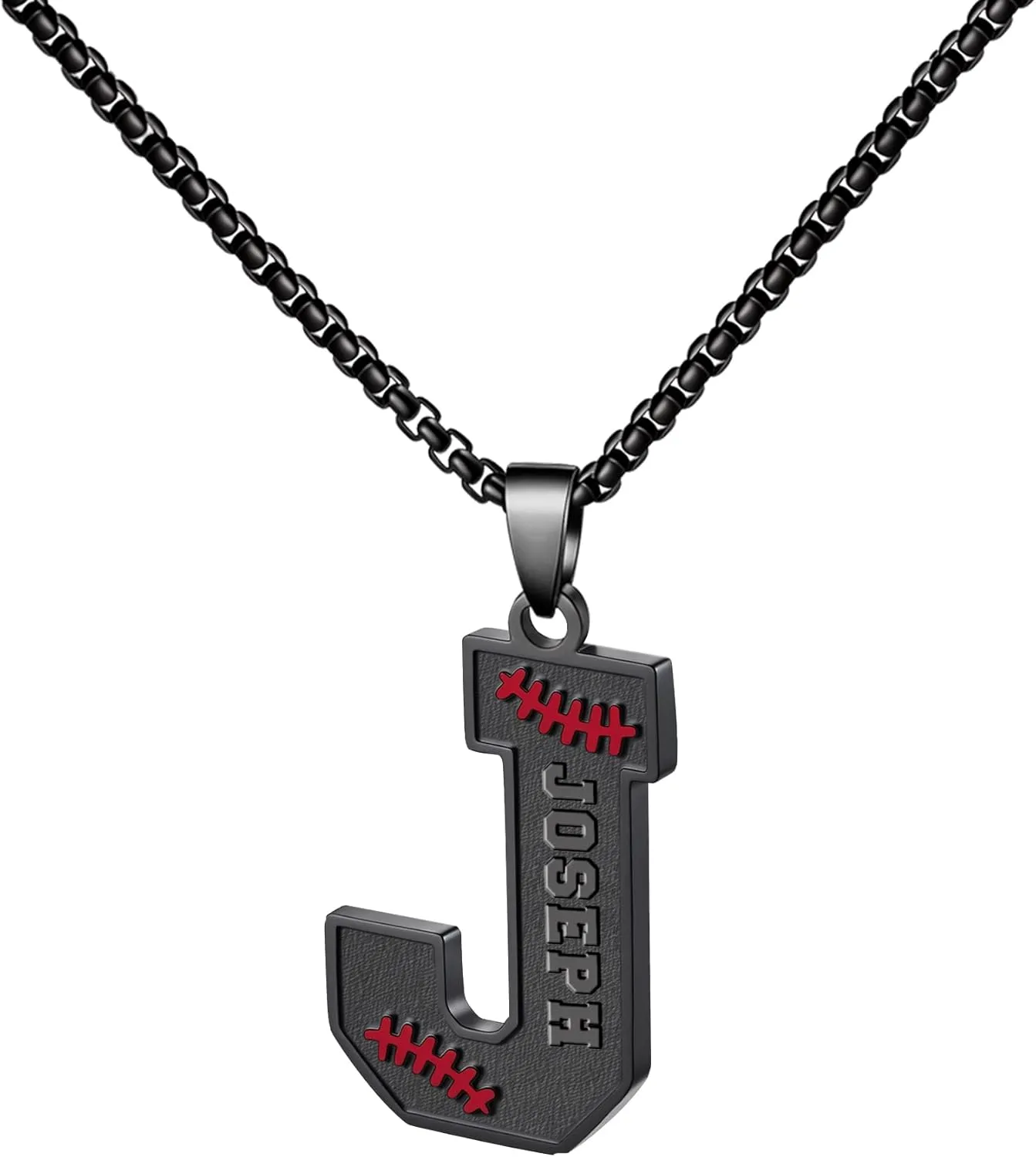 Ldurian Personalized Baseball Name Necklace, Stainless Steel Black Chain Sports Initial Name Necklaces, A-Z Letter 24inches Baseball Gifts for Men